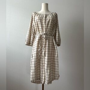 Old Navy Cream Windowpane Check Midi Dress XL Button Front Tie Waist
